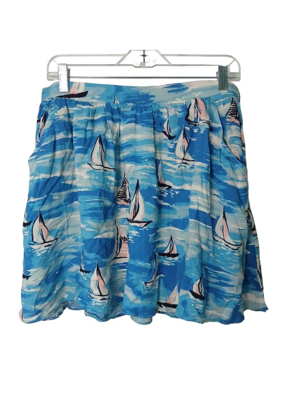 Lauren Conrad Skirt Sz L Blue Sailboat Island Skirt W/ Pockets 100% Rayon #D-46